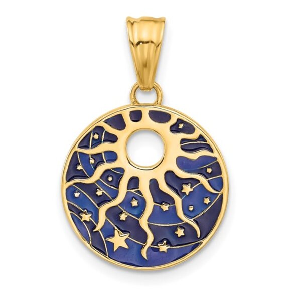 14k Yellow Gold Blue Enamel Sun and Stars Necklace Charm Pendant with Cut-out - Picture 1 of 5